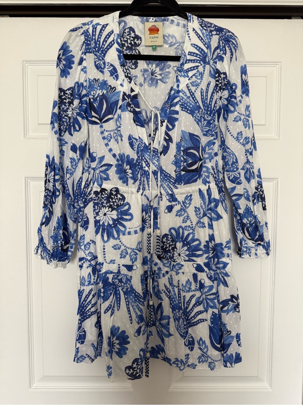 FARM Rio White Midi Dress with Blue Floral Print